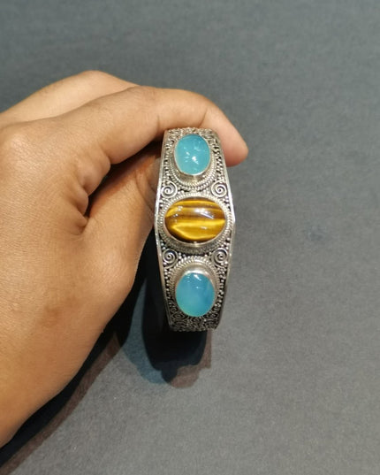 Tranquil Strength Bracelet | Pure Silver Bangle with Aquamarine and Tiger Eye for Calm and Protection