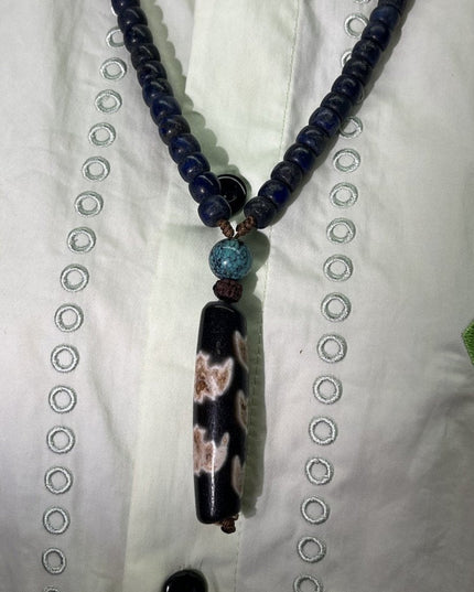 【Unique Item】 Lapis & Turquoise Tibetan Dzi Pendant Necklace