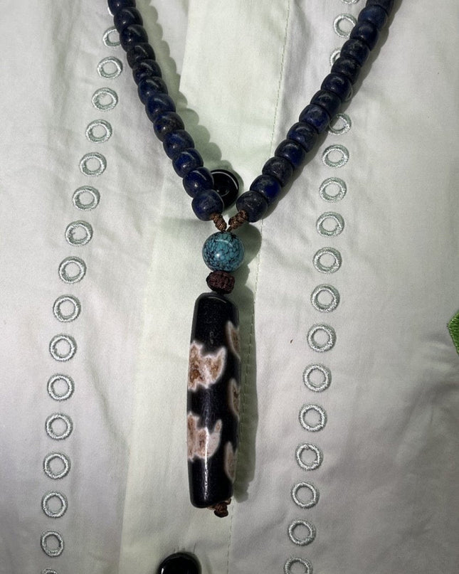 【Unique Item】 Lapis & Turquoise Tibetan Dzi Pendant Necklace