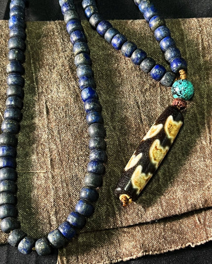 【Unique Item】 Lapis & Turquoise Tibetan Dzi Pendant Necklace