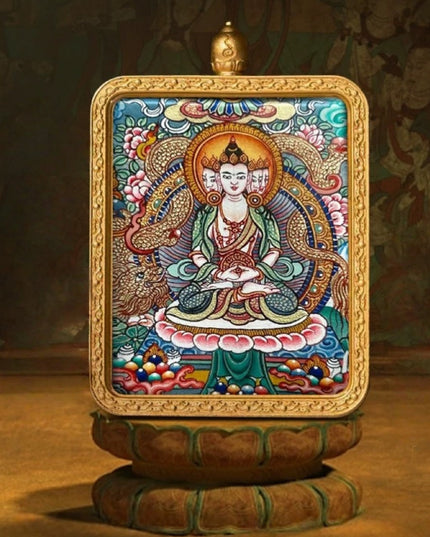 Vairocana Buddha Tibetan Hand-Painted Thangka Pendant - Zodiac Goat & Monkey Guardian Amulet