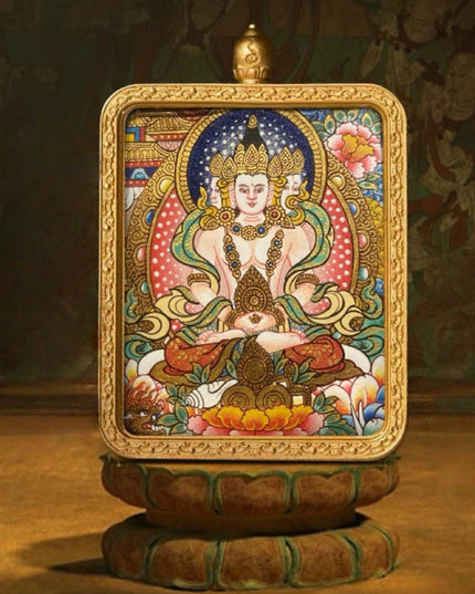 Vairocana Buddha Tibetan Hand-Painted Thangka Pendant - Zodiac Goat & Monkey Guardian Amulet