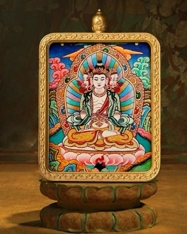 Vairocana Buddha Tibetan Hand-Painted Thangka Pendant - Zodiac Goat & Monkey Guardian Amulet
