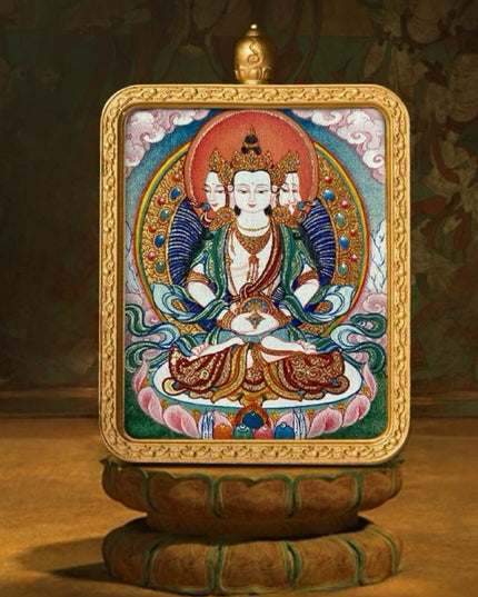 Vairocana Buddha Tibetan Hand-Painted Thangka Pendant - Zodiac Goat & Monkey Guardian Amulet