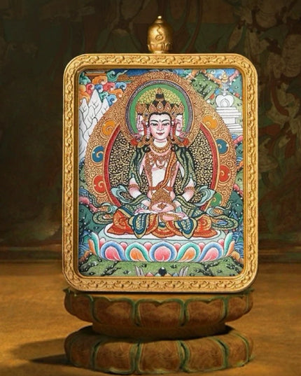 Vairocana Buddha Tibetan Hand-Painted Thangka Pendant - Zodiac Goat & Monkey Guardian Amulet