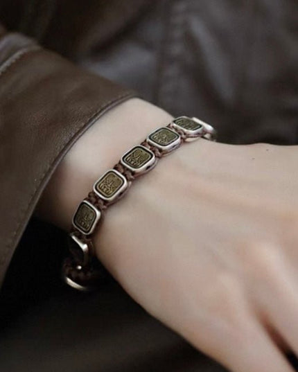 「Zakirum: Female Fortune Guardian」925 Sterling Silver Heavy Craft Square Pendant Braided Bracelet - Edgy Chic Fusion of Tibetan Art & Modern Streetwear