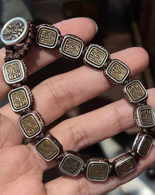 「Zakirum: Female Fortune Guardian」925 Sterling Silver Heavy Craft Square Pendant Braided Bracelet - Edgy Chic Fusion of Tibetan Art & Modern Streetwear