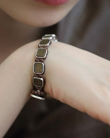 「Zakirum: Female Fortune Guardian」925 Sterling Silver Heavy Craft Square Pendant Braided Bracelet - Edgy Chic Fusion of Tibetan Art & Modern Streetwear