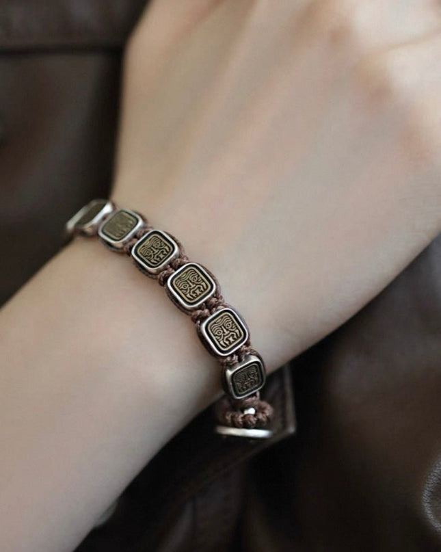 「Zakirum: Female Fortune Guardian」925 Sterling Silver Heavy Craft Square Pendant Braided Bracelet - Edgy Chic Fusion of Tibetan Art & Modern Streetwear