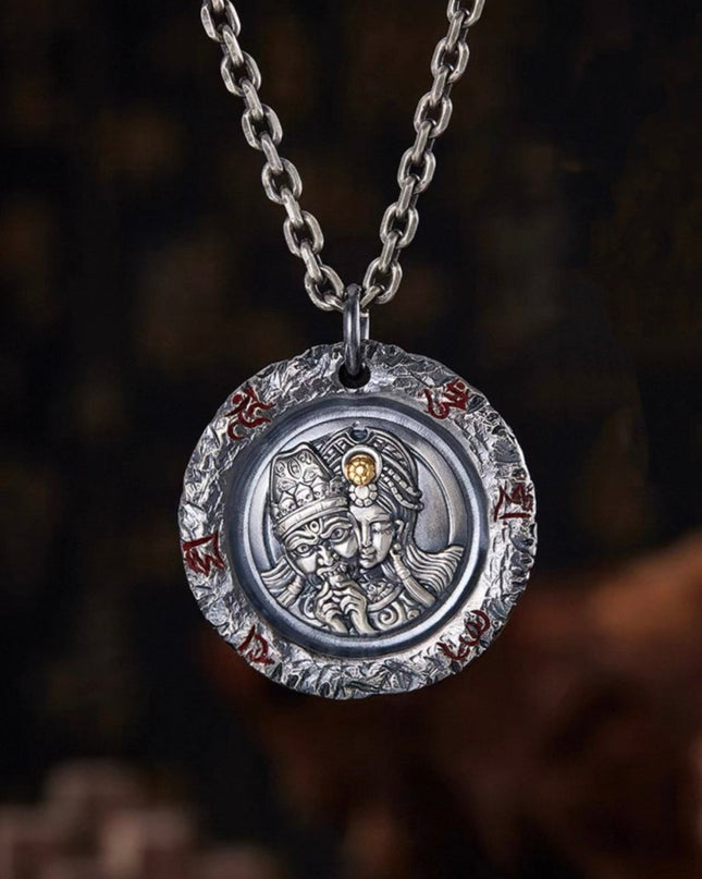 Zakirum Wealth Goddess Necklace: Vintage Silver & Gold Om Mani Padme Hum Talisman