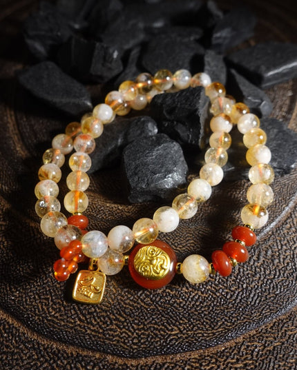 Zakirum's Fortune Abundance Bracelet: Hand-Inlaid Citrine & Southern Red Agate, Sacred Double-Row Design for Women