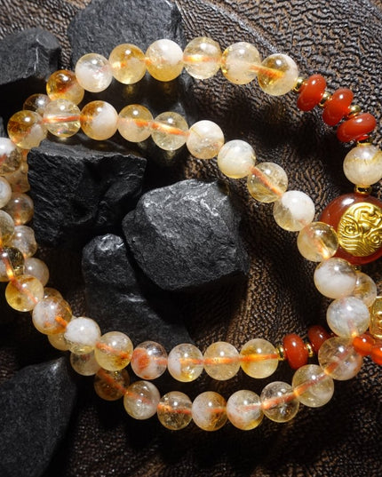 Zakirum's Fortune Abundance Bracelet: Hand-Inlaid Citrine & Southern Red Agate, Sacred Double-Row Design for Women