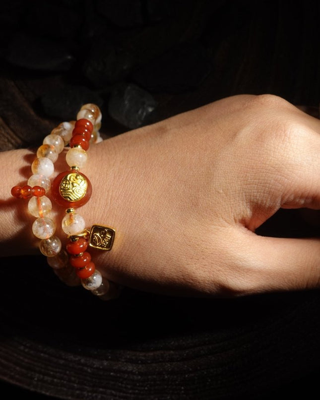 Zakirum's Fortune Abundance Bracelet: Hand-Inlaid Citrine & Southern Red Agate, Sacred Double-Row Design for Women