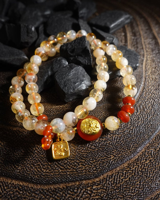 Zakirum's Fortune Abundance Bracelet: Hand-Inlaid Citrine & Southern Red Agate, Sacred Double-Row Design for Women